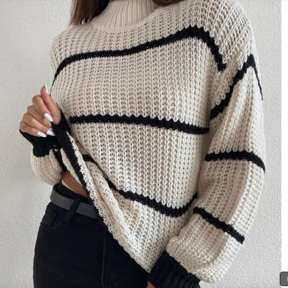 Chiquease Striped Mock Neck Drop Shoulder Sweater - Picture 3 of 5